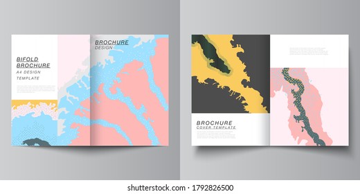 Vector layout of two A4 cover mockups design templates for bifold brochure, flyer, cover design, book design, brochure cover. Japanese pattern template. Landscape background decoration in Asian style.