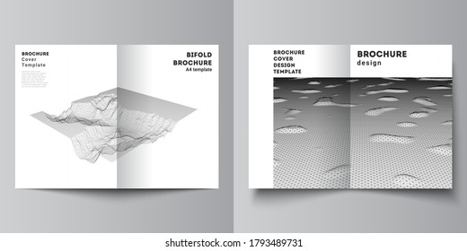 Vector layout of two A4 cover mockups templates for bifold brochure, flyer, cover design, book design, brochure cover. Abstract 3d digital backgrounds for futuristic minimal technology concept design.