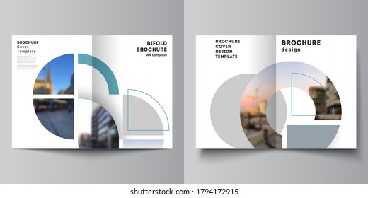 Vector layout of two A4 cover mockups design template for bifold brochure, flyer, cover design, book, brochure cover. Background with abstract circle round banners. Corporate business concept template