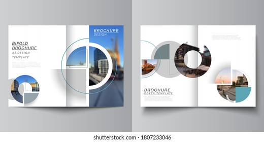 Vector layout of two A4 cover mockups design template for bifold brochure, flyer, cover design, book, brochure cover. Background with abstract circle round banners. Corporate business concept template