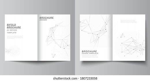Vector layout of two A4 cover mockups templates for bifold brochure, flyer, magazine, cover design, book design. Gray technology background with connecting lines and dots. Network concept.