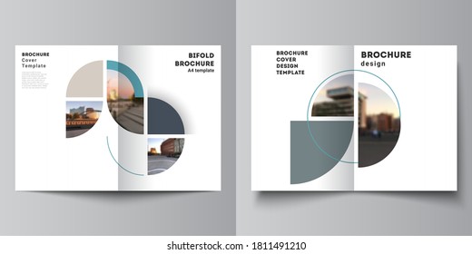 Vector layout of two A4 cover mockups design template for bifold brochure, flyer, cover design, book, brochure cover. Background with abstract circle round banners. Corporate business concept template