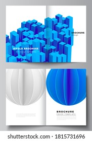 Vector layout of two A4 cover mockups templates for bifold brochure, flyer, magazine, cover design, book design. 3d render vector composition with dynamic realistic geometric blue shapes in motion.