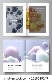 Vector layout of two A4 cover mockups template for bifold brochure, flyer, magazine, cover design, book design, brochure cover. Realistic vector background with multicolored 3d spheres, bubbles, balls
