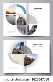 Vector layout of two A4 cover mockups design template for bifold brochure, flyer, cover design, book, brochure cover. Background with abstract circle round banners. Corporate business concept template