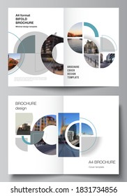 Vector layout of two A4 cover mockups design template for bifold brochure, flyer, cover design, book, brochure cover. Background with abstract circle round banners. Corporate business concept template