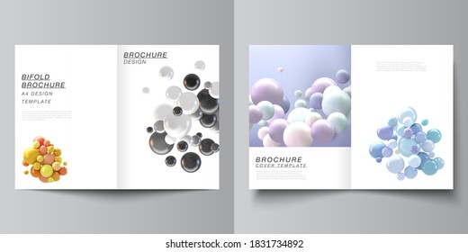Vector layout of two A4 cover mockups template for bifold brochure, flyer, magazine, cover design, book design, brochure cover. Realistic vector background with multicolored 3d spheres, bubbles, balls