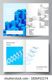 Vector layout of two A4 cover mockups templates for bifold brochure, flyer, magazine, cover design, book design. 3d render vector composition with dynamic realistic geometric blue shapes in motion.