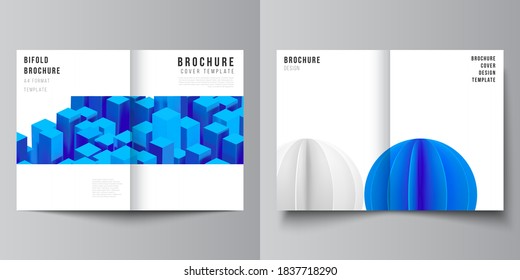 Vector layout of two A4 cover mockups templates for bifold brochure, flyer, magazine, cover design, book design. 3d render vector composition with dynamic realistic geometric blue shapes in motion.