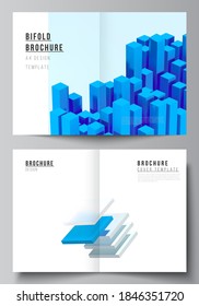 Vector layout of two A4 cover mockups templates for bifold brochure, flyer, magazine, cover design, book design. 3d render vector composition with dynamic realistic geometric blue shapes in motion.
