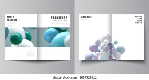 Vector layout of two A4 cover mockup templates for bifold brochure, flyer, magazine, cover design, book design. Abstract vector futuristic background with colorful 3d spheres, glossy bubbles, balls.