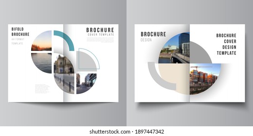 Vector Layout Of Two A4 Cover Mockups Design Template For Bifold Brochure, Flyer, Cover Design, Book, Brochure Cover. Background With Abstract Circle Round Banners. Corporate Business Concept Template