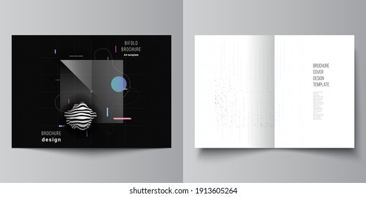 Vector layout of two A4 cover mockups templates for bifold brochure, flyer, cover design, book design. Abstract technology black color science background. Digital data. Minimalist high tech concept.