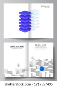 Vector layout of two A4 cover mockups templates for bifold brochure, flyer, magazine, cover design, book design. 3d render vector composition with dynamic realistic geometric blue shapes in motion.