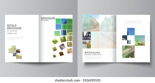 Vector layout of two A4 cover mockups design templates for bifold brochure, flyer, magazine, cover design, book design, brochure cover. Abstract project with clipping mask green squares for your photo