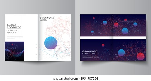 Vector layout of two A4 cover mockups templates for bifold brochure, flyer, magazine, cover design, book design. Artificial intelligence, big data visualization. Quantum computer technology concept.