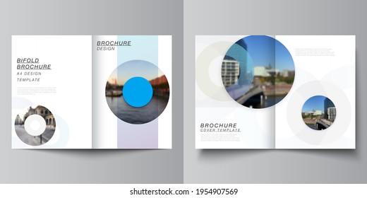 Vector layout of two A4 cover mockups templates for bifold brochure, flyer, magazine, cover design, book design. Background template with rounds, circles for IT, technology. Minimal style.