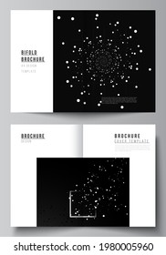 Vector layout of two A4 cover mockups design templates for bifold brochure, flyer, cover design, book design.Black color technology background. Digital visualization of science, medicine, tech concept