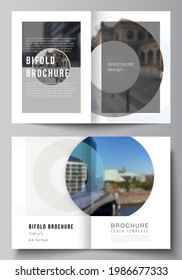 Vector layout of two A4 cover mockups templates for bifold brochure, flyer, magazine, cover design, book design. Background template with rounds, circles for IT, technology. Minimal style.