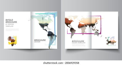 Vector layout of two A4 cover mockups templates for bifold brochure, flyer, cover design, book design, brochure cover. Design template in the form of world maps and colored frames, insert your photo.