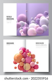 Vector layout of two A4 cover mockup templates for bifold brochure, flyer, magazine, cover design, book design. Abstract vector futuristic background with colorful 3d spheres, glossy bubbles, balls