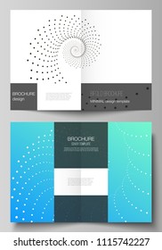 The vector layout of two A4 format modern cover mockups design templates for bifold brochure, magazine, flyer, booklet, annual report. Geometric technology background. Abstract monochrome vortex trail