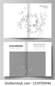 The vector layout of two A4 format cover mockups design templates for bifold brochure, flyer, booklet, report. Network connection concept with connecting lines and dots. Technology design background.