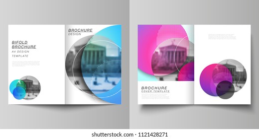 The vector layout of two A4 format cover mockups design templates for bifold brochure, magazine, flyer, booklet, annual report. Creative modern bright background with colorful circles and round shapes