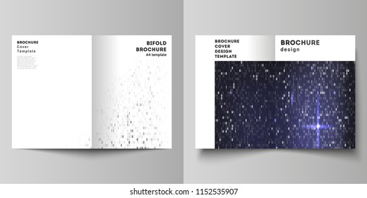 Vector layout of two A4 format modern cover mockups design templates for bifold brochure, flyer, booklet. Binary code background. AI, big data, coding or hacker concept, digital technology background.