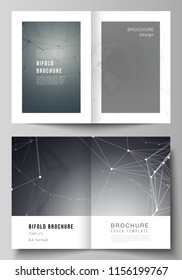 Vector layout of two A4 format cover mockups design templates for bifold brochure, flyer, report. Futuristic design with world globe, connecting lines. Global network connections, technology concept.