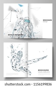 The vector layout of two A4 format cover mockups design templates for bifold brochure, magazine, flyer, booklet, report. Man with glasses of virtual reality. Abstract vr, future technology concept.