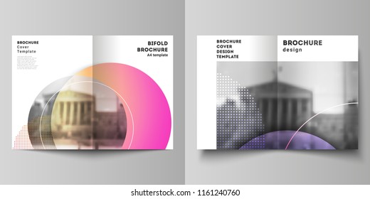 The vector layout of two A4 format cover mockups design templates for bifold brochure, magazine, flyer, booklet, annual report. Creative modern bright background with colorful circles and round shapes