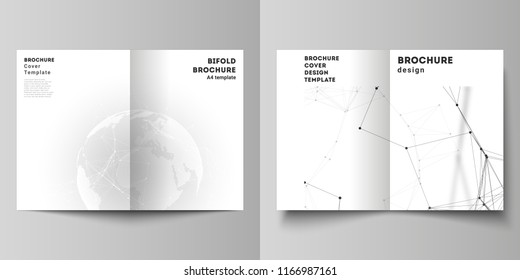 Vector layout of two A4 format cover mockups design templates for bifold brochure, flyer, report. Futuristic design with world globe, connecting lines. Global network connections, technology concept
