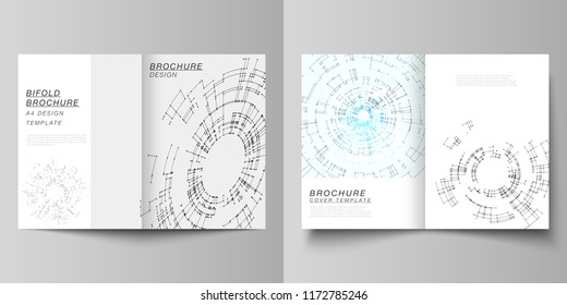 The vector layout of two A4 format cover mockups design templates for bifold brochure, flyer, booklet, report. Network connection concept with connecting lines and dots. Technology design background.