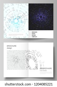 The vector layout of two A4 format cover mockups design templates for bifold brochure, flyer, booklet, report. Network connection concept with connecting lines and dots. Technology design background.
