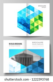 The vector layout of two A4 format cover mockups design templates for bifold brochure, magazine, flyer, booklet, annual report. Blue color polygonal background with triangles, colorful mosaic pattern.