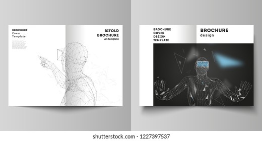The vector layout of two A4 format cover mockups design templates for bifold brochure, magazine, flyer, booklet, report. Man with glasses of virtual reality. Abstract vr, future technology concept.