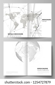 Vector layout of two A4 format cover mockups design templates for bifold brochure, flyer, report. Futuristic design with world globe, connecting lines. Global network connections, technology concept.