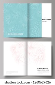 The vector layout of two A4 format modern cover mockups design templates for bifold brochure, magazine, flyer, booklet, annual report. Topographic contour map, abstract monochrome background.