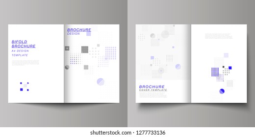 The vector layout of two A4 format modern cover mockups design templates for bifold brochure, magazine, flyer, booklet, annual report. Abstract vector background with fluid geometric shapes.