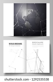 Vector layout of two A4 format cover mockups design templates for bifold brochure, flyer, report. Futuristic design with world globe, connecting lines. Global network connections, technology concept.