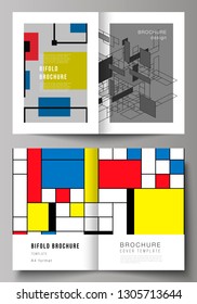 The vector layout of two A4 format modern cover mockups design templates for bifold brochure, magazine, flyer. Abstract polygonal background, colorful mosaic pattern, retro bauhaus de stijl design.