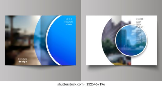 The vector layout of two A4 format modern cover mockups design templates for bifold brochure, magazine, flyer, booklet, annual report. Creative modern blue background with circles and round shapes