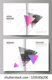 The vector layout of two A4 format modern cover mockups design templates for bifold brochure, magazine, flyer, booklet, report. Colorful polygonal background with triangles with modern memphis pattern