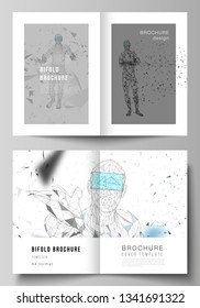 The vector layout of two A4 format cover mockups design templates for bifold brochure, magazine, flyer, booklet, report. Man with glasses of virtual reality. Abstract vr, future technology concept.