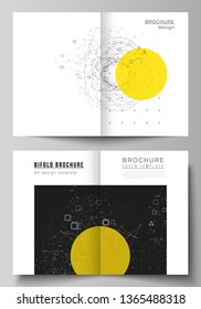 Vector layout of two A4 format cover mockups design templates for bifold brochure, magazine, flyer, report. Science or technology 3d background with dynamic particles. Chemistry and science concept.