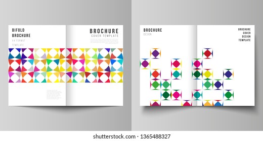 Vector layout of two A4 format modern cover mockups design templates for bifold brochure, flyer, booklet, report. Abstract background, geometric mosaic pattern with bright circles, geometric shapes