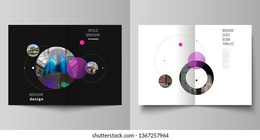 Vector layout of two A4 format modern cover mockups design templates for bifold brochure, flyer, booklet. Simple design futuristic concept. Creative background with circles that form planets and stars