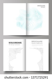 The vector layout of two A4 format modern cover mockups design templates for bifold brochure, magazine, flyer, booklet, annual report. Topographic contour map, abstract monochrome background.