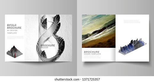 Vector layout of two A4 format modern cover mockups design templates for bifold brochure, flyer, annual report. Big data. Dynamic geometric background. Cubes pattern design, motion effect. 3d style.